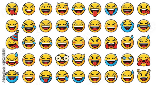 Collection of laughing emoticons on white background ai dashboard data visualization futuristic interface analytics UI digital technology