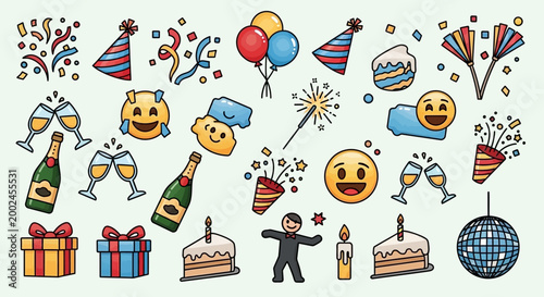 Party celebration icons set with emojis and festive symbols ai dashboard data visualization futuristic interface analytics UI digital technology