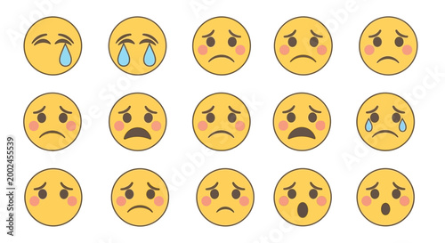 Collection of sad and surprised emoticons on white background ai dashboard data visualization futuristic interface analytics UI digital technology