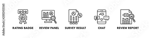 Feedback and Review banner web icon illustration concept with icon of rating badge, review panel, survey result, chat, and review report