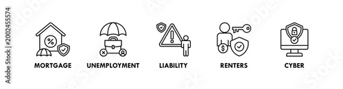 insurance web icon illustration concept with icon of mortgage, unemployment, liability, renters, and cyber