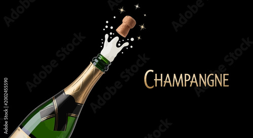 Sparkling champagne bottle with cork popping on black ai dashboard data visualization futuristic interface analytics UI digital technology