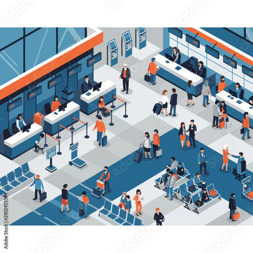 Busy Airport Terminal with Travelers and Staff.