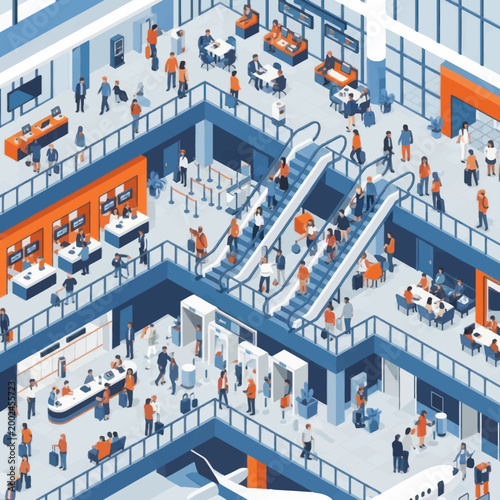 Busy Airport Terminal with Travelers Using Escalators and Security Checkpoints.