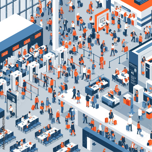Crowded Airport Terminal with Travelers and Security Checkpoints.