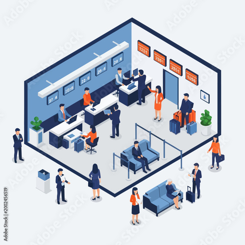 Isometric illustration of a busy hotel lobby with guests and staff.
