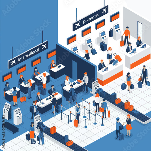 Isometric Airport Terminal with Travelers and Check-in Counters.