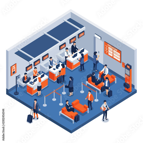Isometric illustration of people in a modern airport terminal waiting area.