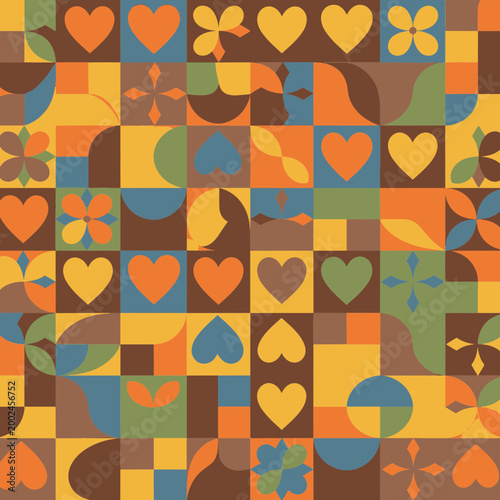Retro Lgbt Geometric Seamless Pattern with Hearts and Flowers