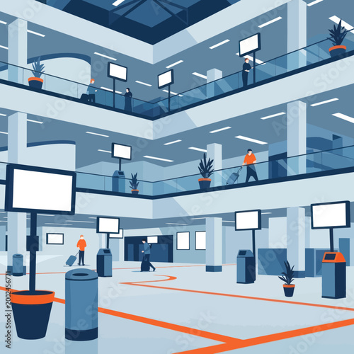 Modern Airport Interior with Travelers and Information Screens.