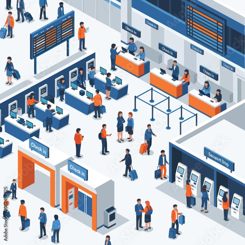 People at a busy airport terminal with check-in counters and ticket machines.