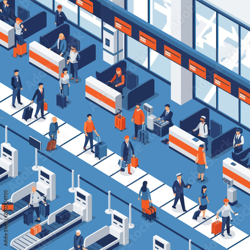 People at airport check-in counters and baggage claim areas.