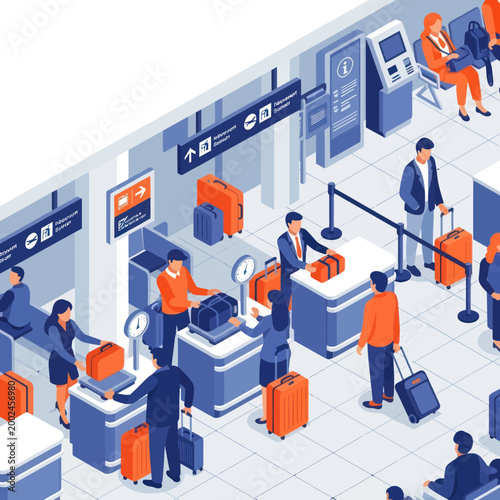 People checking in luggage at airport counter with suitcases.