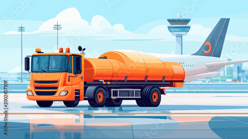 A vibrant, stylized illustration showing an orange fuel truck on an airport runway with a plane