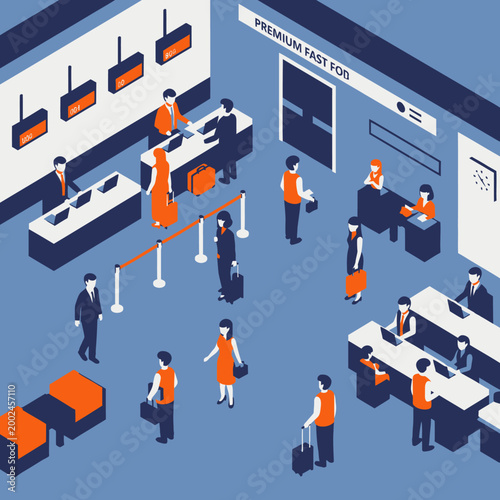 People interacting in a modern airport terminal with check-in counters and waiting areas.