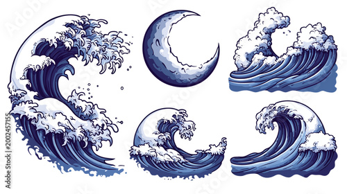 Pixelated graphic of a crescent moon and a selection of ocean wave illustrations in shades of blue
