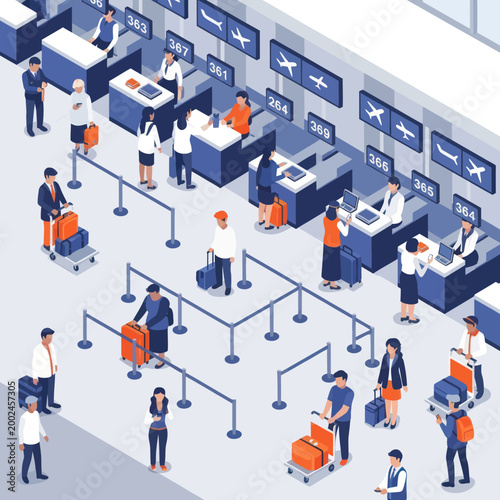 People queuing at airport check-in counters with luggage.