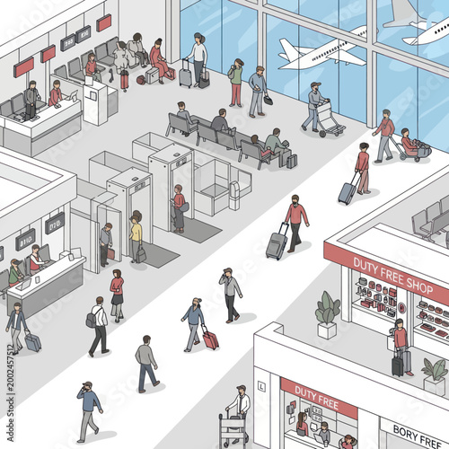 People traveling through a busy airport terminal with luggage.
