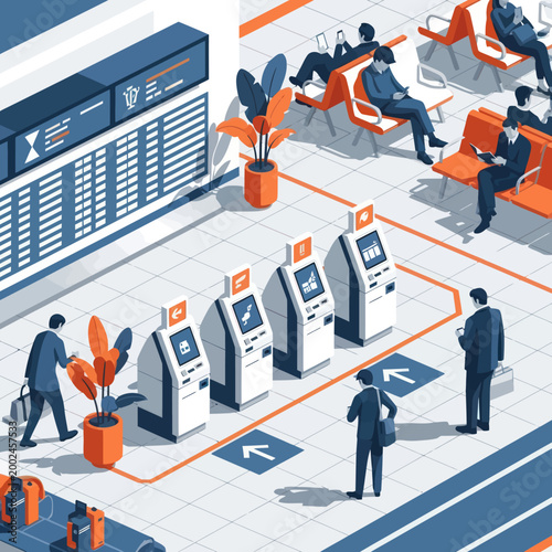 People using self-service check-in kiosks at an airport terminal.