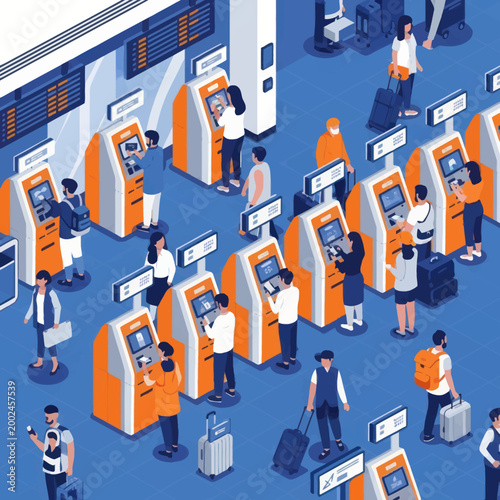 People using self-service check-in kiosks at an airport terminal.