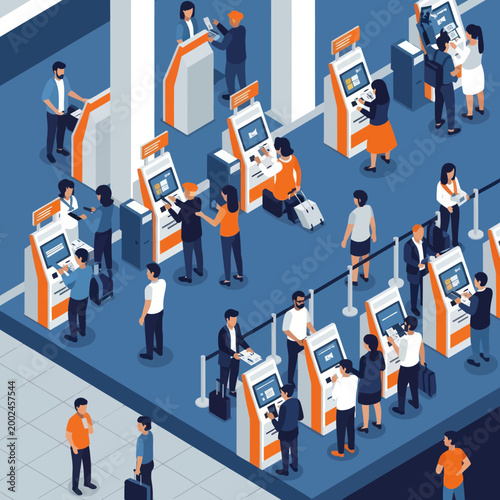 People using self-service check-in kiosks at an airport terminal.