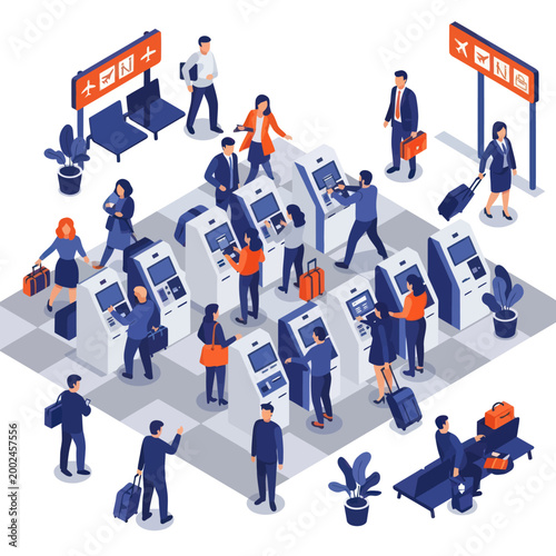 People using self-service kiosks at airport check-in counters.
