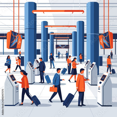 People using self-service check-in kiosks at an airport terminal.