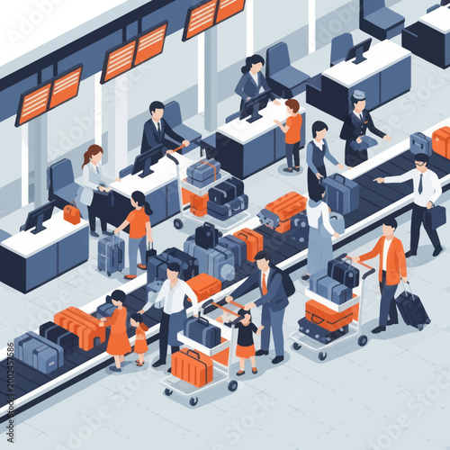 People with luggage at airport check-in counters and baggage claim.