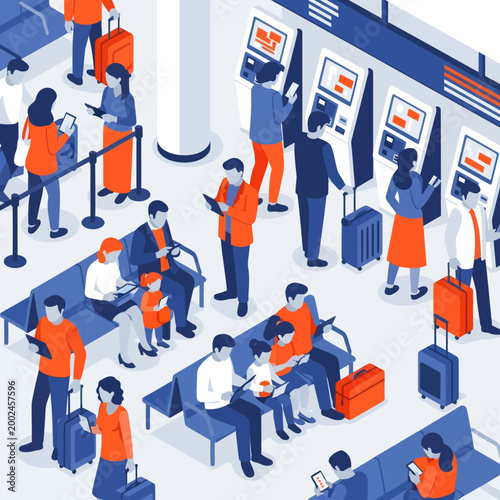 People waiting in airport terminal with luggage and check-in kiosks.