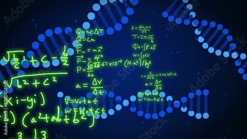 On play neon-green formulas expanding and blue helix strands extending, forming science backdrop
