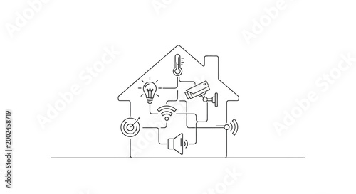 Smart home system with connected devices and automation icons.