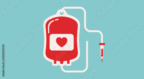 Blood donation bag with heart symbol and syringe on blue background