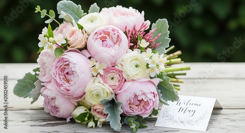 elegant pink rose bouquet with handwritten note on wooden table outdoors