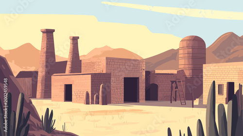Pixelated artwork depicts a desert landscape with brick buildings and a mountain backdrop