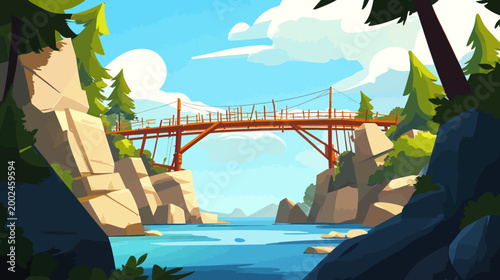 A stylized illustration featuring a bridge spanning a river, framed by cliffs and vibrant foliage