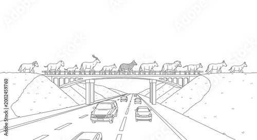 Animals crossing wildlife bridge over highway line art