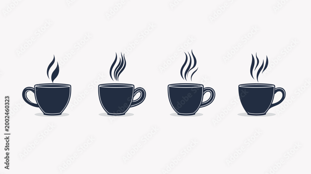 Fototapeta premium A stylized illustration depicting four dark-colored mugs with steam rising from them against a white backdrop
