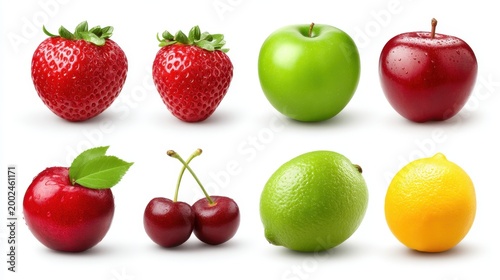 Fresh assorted fruits collection including strawberries, green apple, red apple, cherries, lime, lemon, and their vibrant colors on white background