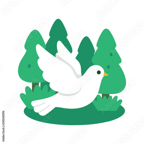 White dove soars through the verdant forest clearing in a minimalist style illustration