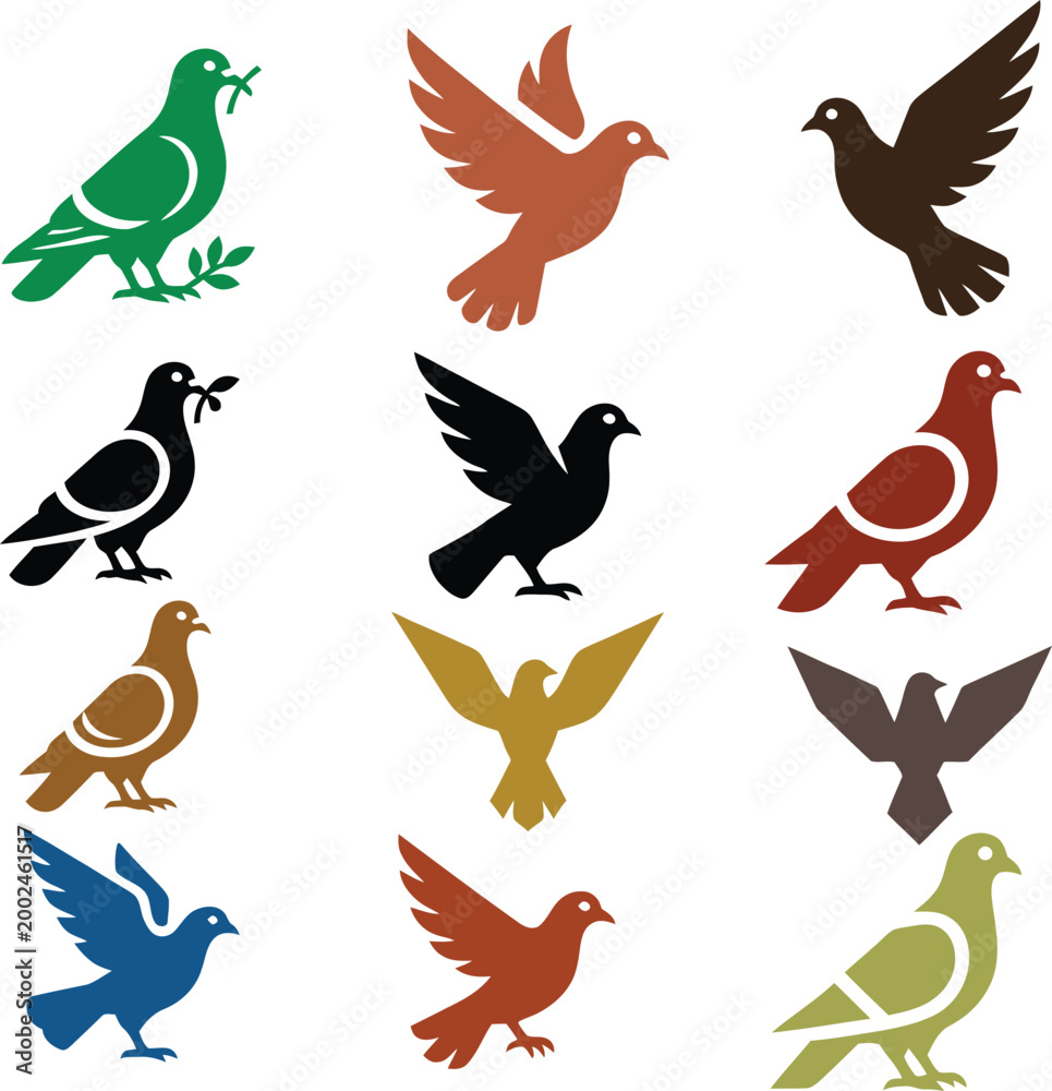 Obraz premium A clean and elegant collection of 12 flat-design vector icons featuring stylized pigeons and doves. These peaceful bird illustrations symbolize peace, hope, freedom, love, spirituality, and messaging,