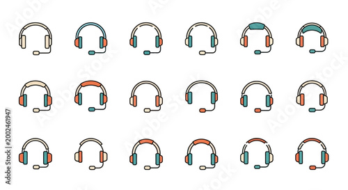 Collection of colorful headset icons for communication and customer service