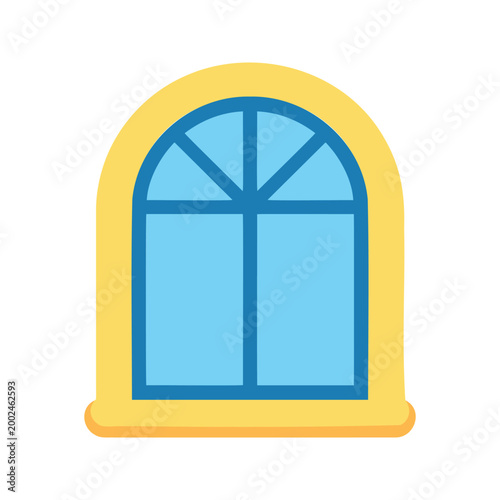 Illustration of a rounded window with a yellow frame and blue glass panes