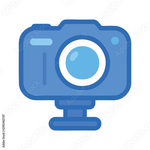 Illustration of a simple blue camera with a round lens and a mount for attaching to a tripod