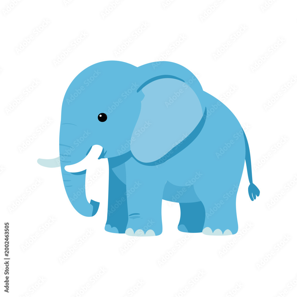 Fototapeta premium Stylized light blue elephant stands on a white background, featuring large ears, tusks, and a curly tail in a simple design.