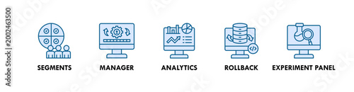 Feature Management web icon illustration concept with icon of segments, manager, analytics, rollback, and experiment panel