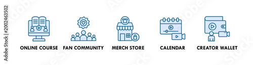 Creator Economy web icon illustration concept with icon of online course, fan community, merch store, calendar, and creator wallet