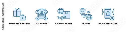 Cross Border Business web icon illustration concept with icon of business present, tax report, cargo plane, travel, and bank network