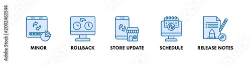 Release and Update web icon illustration concept with icon of minor, rollback, store update, schedule, and release notes