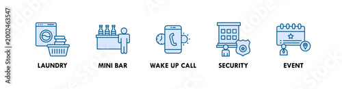Hotel Management web icon illustration concept with icon of laundry, mini bar, wake up call, security, and event