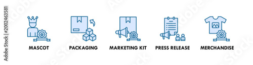 Corporate Branding web icon illustration concept with icon of mascot, packaging, marketing kit, press release, and merchandise